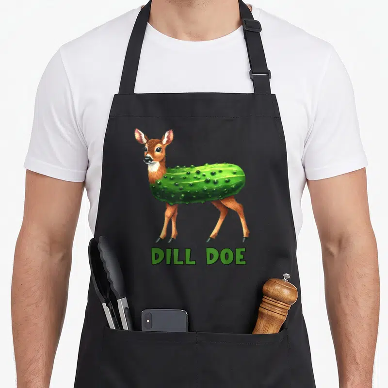Dill inappropriate apron - Cartoon deer with green pickle torso and green DILL DOE text — shown on a black cotton canvas apron against a white background