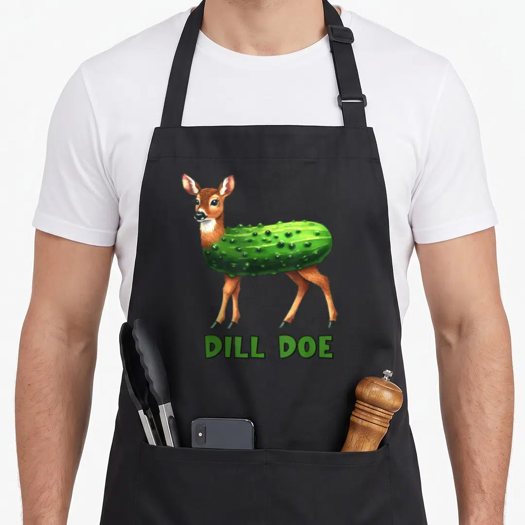 Dill inappropriate apron - Cartoon deer with green pickle torso and green DILL DOE text — shown on a black cotton canvas apron against a white background