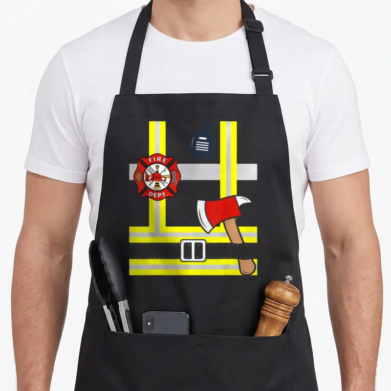 Firefighter quick apron - Cartoon firefighter gear with FIRE DEPT emblem, axe, walkie-talkie, and yellow reflective — shown on a black cotton canvas apron against a white background