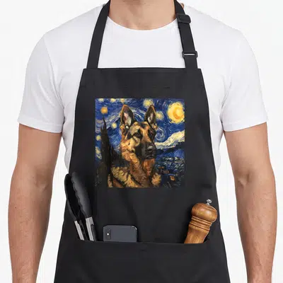 German van gogh apron - German Shepherd watercolor portrait against blue yellow swirling starry night sky with village — shown on a black cotton canvas apron against a white background