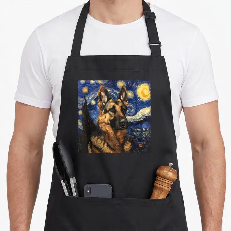 German van gogh apron - German Shepherd watercolor portrait against blue yellow swirling starry night sky with village — shown on a black cotton canvas apron against a white background