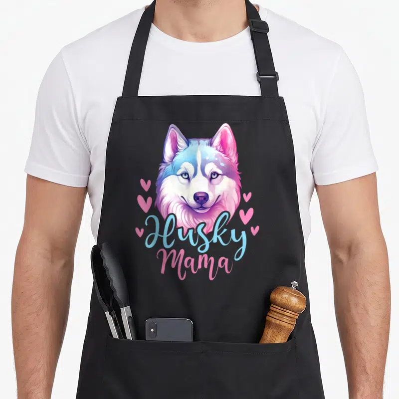 Husky mama dog apron - Cartoon husky head in blue and pink with hearts and text Husky Mama — shown on a black cotton canvas apron against a white background
