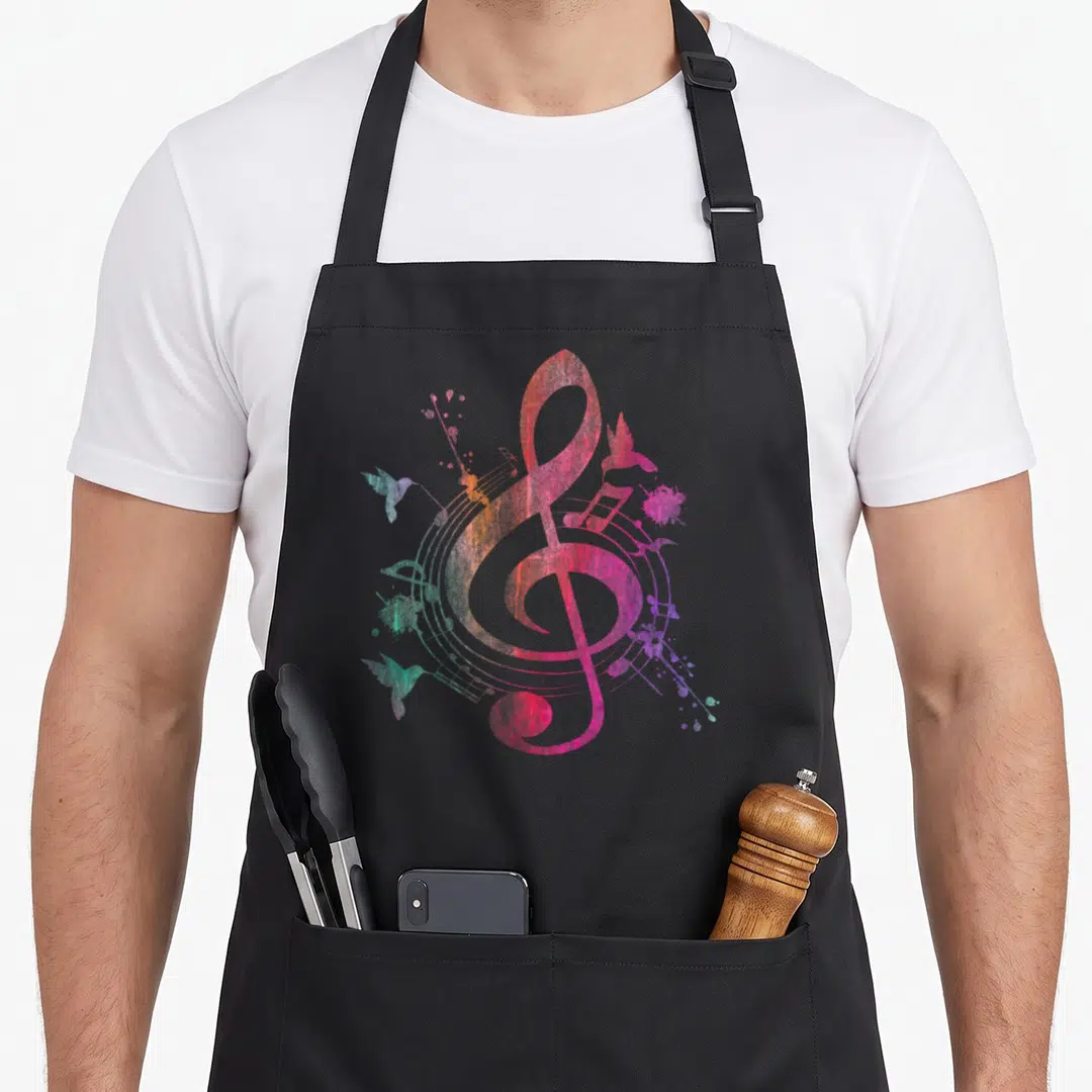 Music bird apron - Pink treble clef with teal swirls, purple birds, and orange watercolor splatters — shown on a black cotton canvas apron against a white background