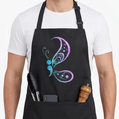 Semicolon tattoo apron - Purple blue cyan watercolor butterfly shaped like a semicolon — shown on a black cotton canvas apron against a white background