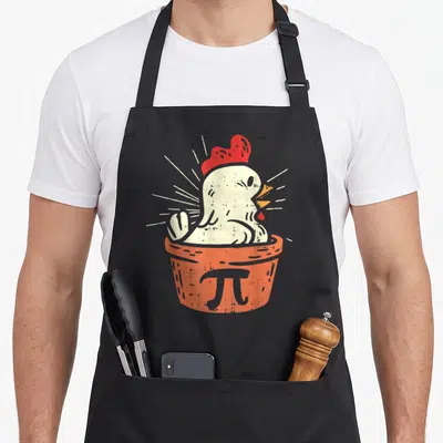 Chicken pie apron - Retro chicken in orange pie crust with pi symbol and cream rays — shown on a black cotton canvas apron against a white background