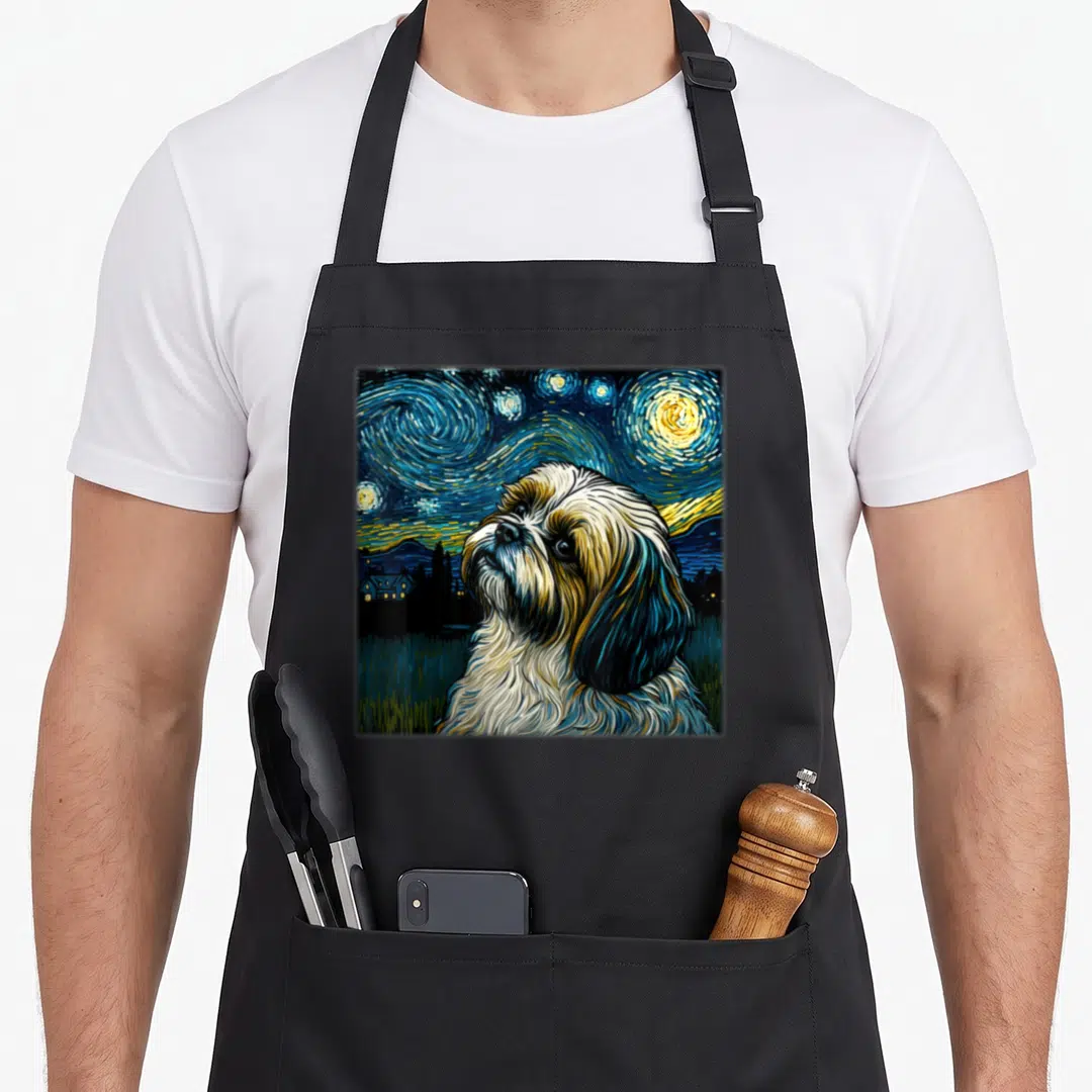Surrealism dog apron - Shih Tzu head against swirling starry night sky in watercolor style with blue and gold tones — shown on a black cotton canvas apron against a white background