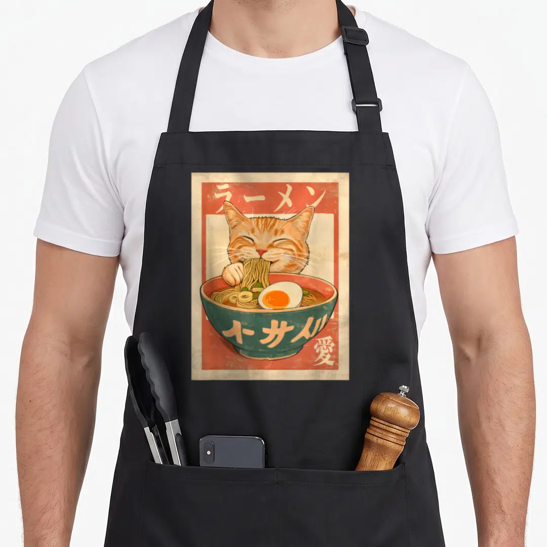 Ramen kawaii japanese cat apron - Orange cat eating noodles from a teal bowl with Japanese text in a retro style — shown on a black cotton canvas apron against a white background