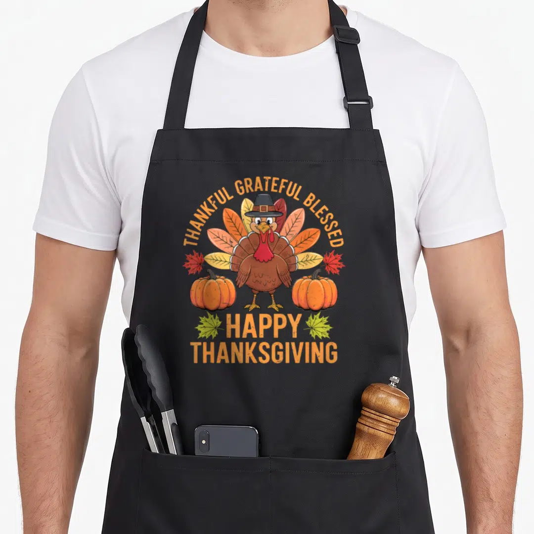Blessed turkey thankful apron - Cartoon turkey in pilgrim hat surrounded by pumpkins and leaves with thankful text — shown on a black cotton canvas apron against a white background