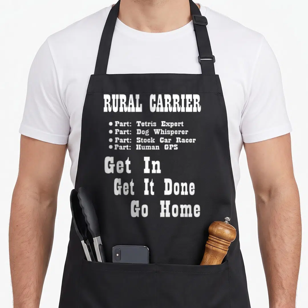 Rural parts of an apron - White stacked text reading Rural Carrier Parts Get In Get It Done Go Home — shown on a black cotton canvas apron against a white background