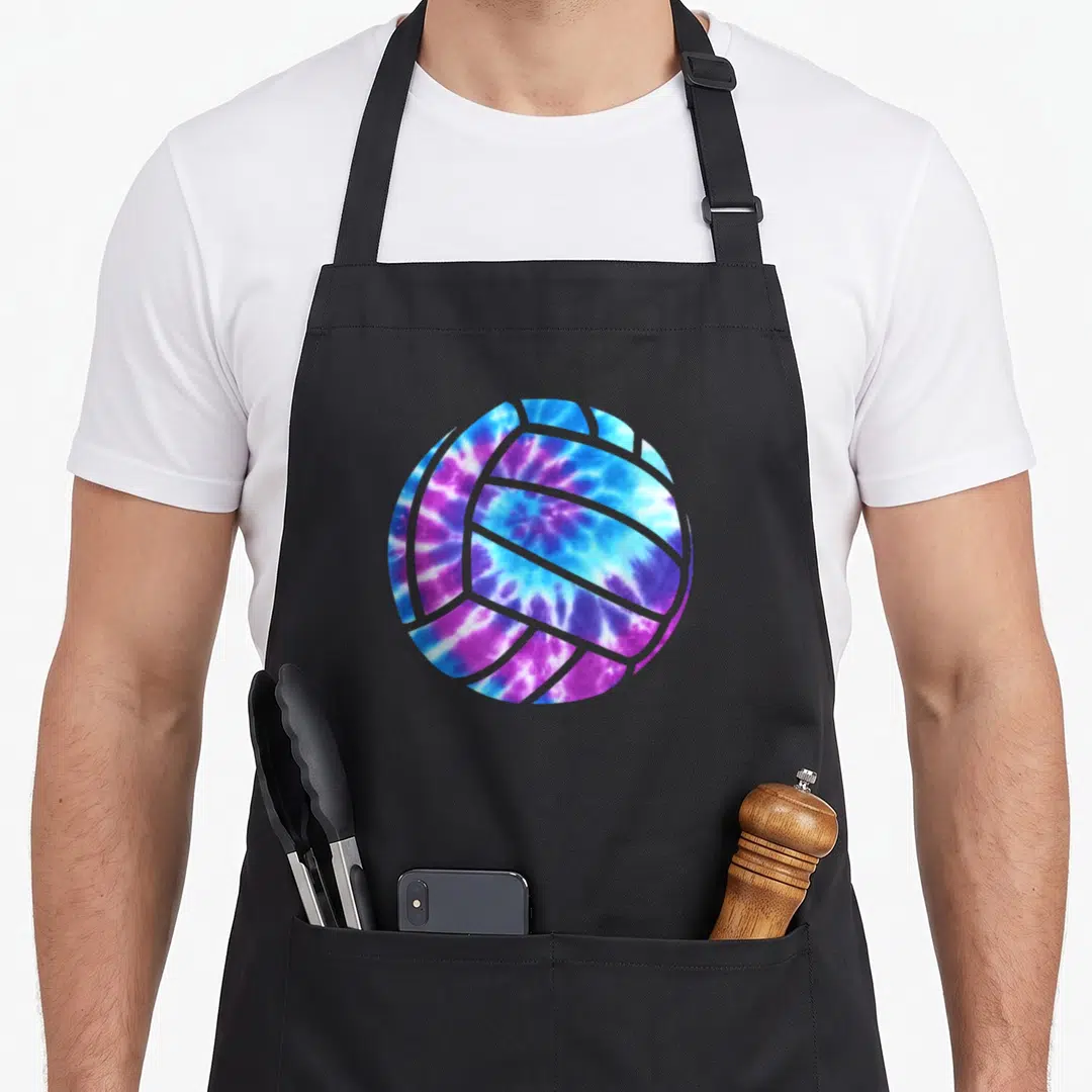 Blue tie-dye apron - Volleyball shape filled with blue purple and white tie-dye pattern — shown on a black cotton canvas apron against a white background