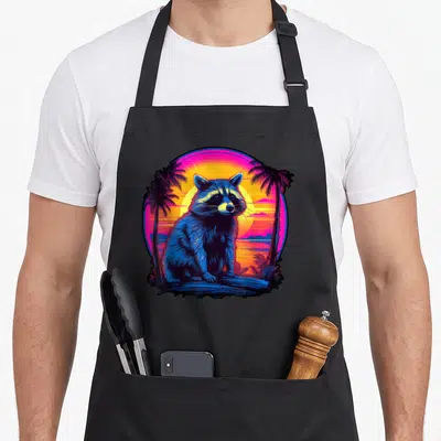 Raccoon 80s apron - Retro raccoon on log with sun and two palm trees in blue pink yellow purple — shown on a black cotton canvas apron against a white background