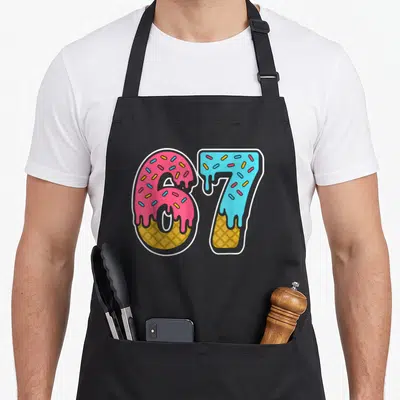 Meme ice cream apron - Number 67 illustrated as melting pink and blue ice cream cones with sprinkles — shown on a black cotton canvas apron against a white background