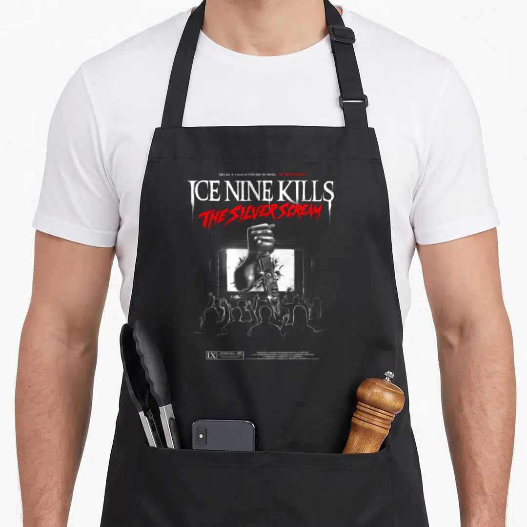 Ice scream apron - Grey background with white fist holding knife from screen and red Ice Nine Kills text — shown on a black cotton canvas apron against a white background