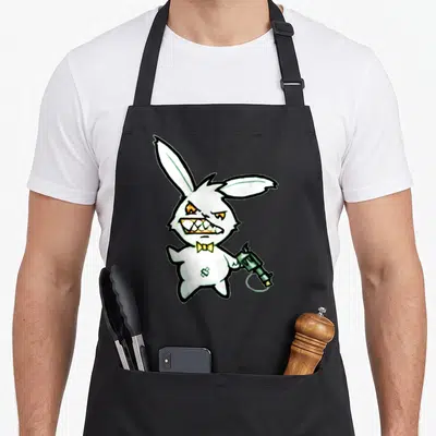 Pistol cartoon apron - White rabbit with sharp teeth holding green gun and yellow bow tie — shown on a black cotton canvas apron against a white background