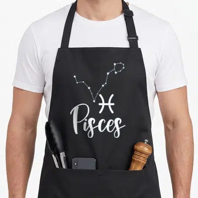 Sign pisce zodiac aprons - White Pisces constellation, zodiac symbol, and script text on dark background — shown on a black cotton canvas apron against a white background