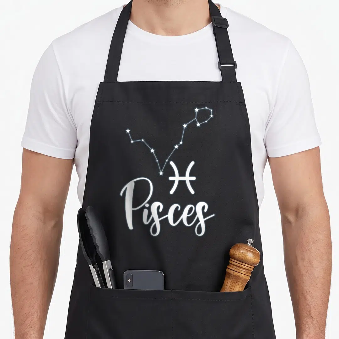 Sign pisce zodiac aprons - White Pisces constellation, zodiac symbol, and script text on dark background — shown on a black cotton canvas apron against a white background