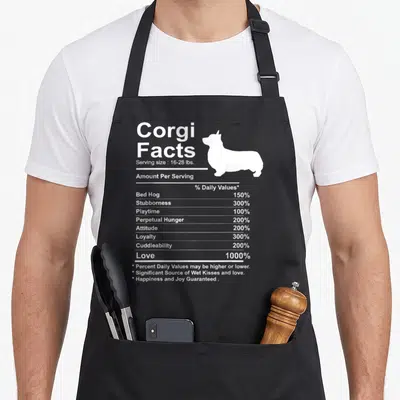 Fact corgi apron - White corgi silhouette and nutrition facts label listing love and stubbornness percentages — shown on a black cotton canvas apron against a white background