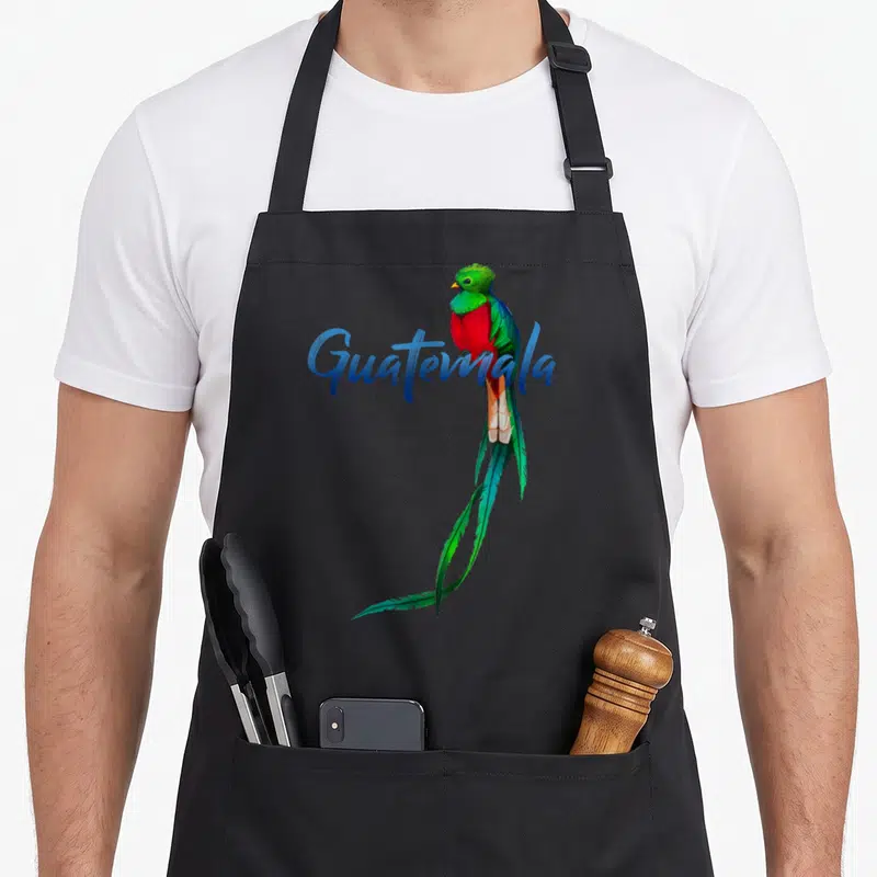 Quetzal guatemala apron - Realistic bird in blue green red feathers next to blue Guatemala script — shown on a black cotton canvas apron against a white background