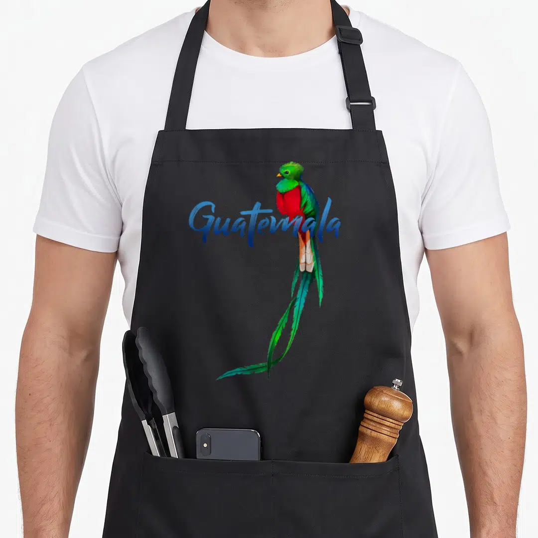 Quetzal guatemala apron - Realistic bird in blue green red feathers next to blue Guatemala script — shown on a black cotton canvas apron against a white background