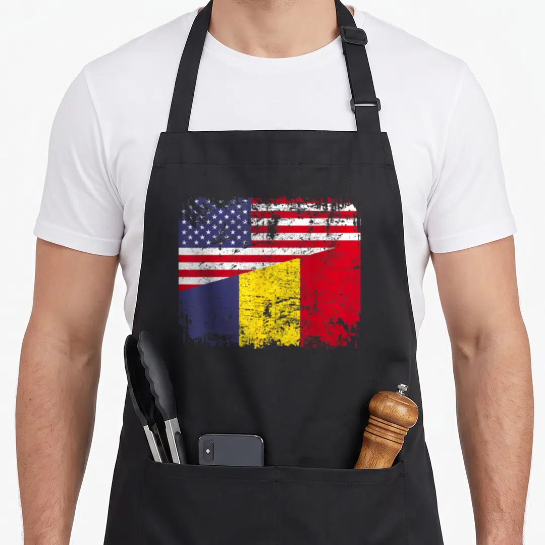 Root romanian apron - Distressed merged USA and Romanian flags in blue red white and yellow — shown on a black cotton canvas apron against a white background