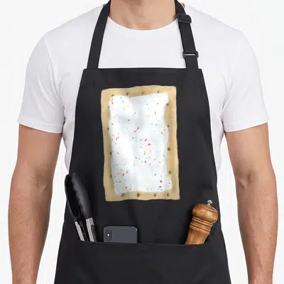 Summer quirky apron - Cartoon pop tart with white frosting and red yellow green sprinkles on tan crust — shown on a black cotton canvas apron against a white background