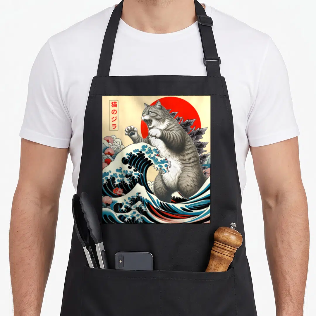 Catzilla cat apron - Giant grey cat with spikes in blue waves under red sun with Japanese text — shown on a black cotton canvas apron against a white background
