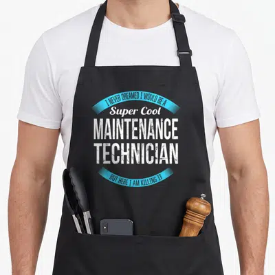 Technician maintenance apron - White and blue typography reading I Never Dreamed I Would Be A Super Cool Maintenance — shown on a black cotton canvas apron against a white background