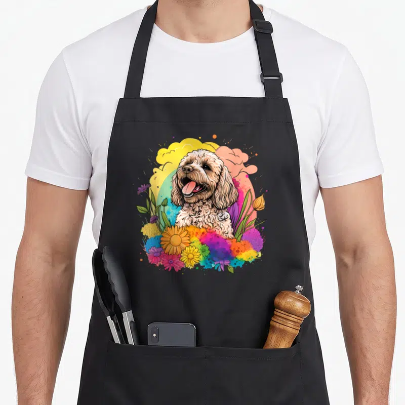 Colorful cockapoo apron - Tan curly dog surrounded by yellow pink blue purple flowers and stylized clouds — shown on a black cotton canvas apron against a white background
