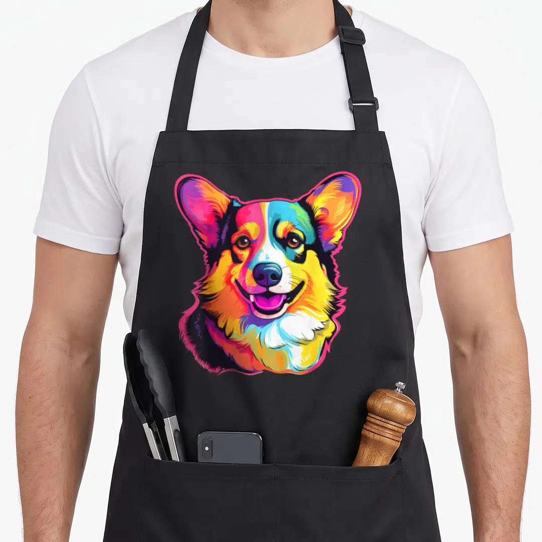 Breed corgi aprons - Multicolored pop art corgi head in pink blue yellow orange and red — shown on a black cotton canvas apron against a white background
