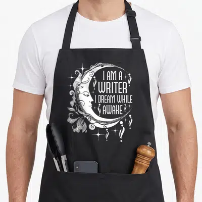Writer poet apron - White crescent moon containing stacked text I Am A Writer I Dream While Awake surrounded by stars — shown on a black cotton canvas apron against a white background
