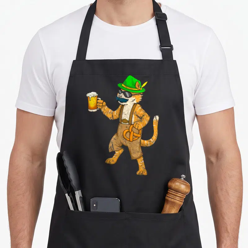 Mug cat apron - Orange cartoon cat in brown Lederhosen holding beer mug and pretzel wearing green hat and sunglasses — shown on a black cotton canvas apron against a white background