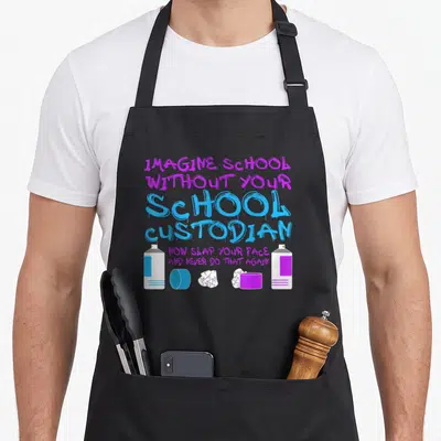 Retro school janitor apron - Stacked purple and blue text with cartoon spray bottles and crumpled paper at the bottom — shown on a black cotton canvas apron against a white background