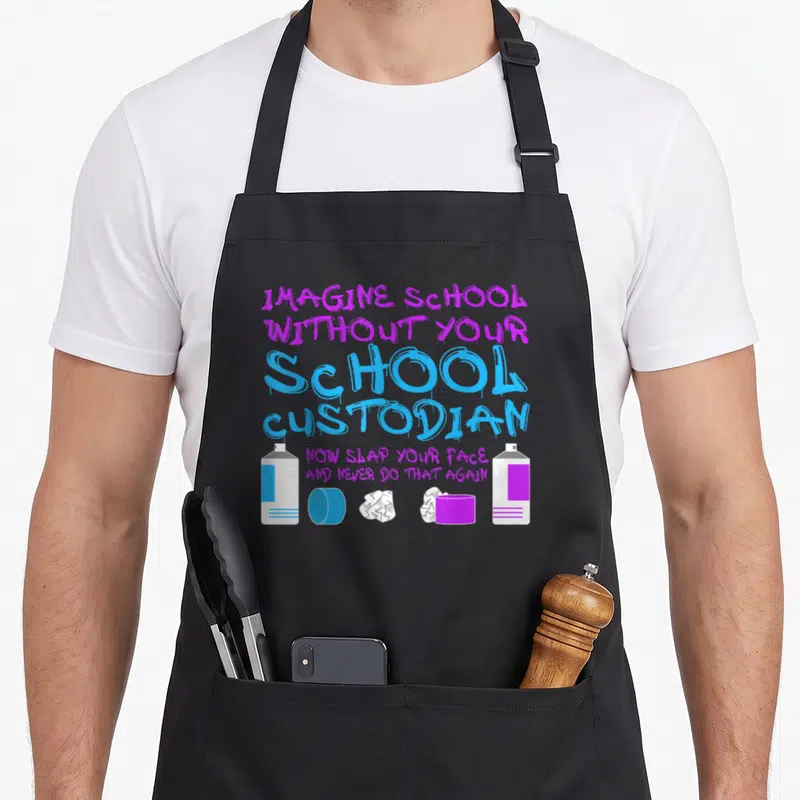 Retro school janitor apron - Stacked purple and blue text with cartoon spray bottles and crumpled paper at the bottom — shown on a black cotton canvas apron against a white background