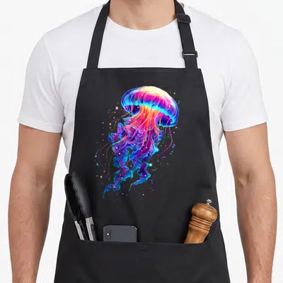 Jellyfish rainbow apron - Realistic jellyfish in blue purple pink yellow with scattered bubbles — shown on a black cotton canvas apron against a white background