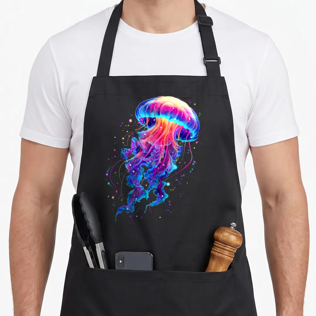 Jellyfish rainbow apron - Realistic jellyfish in blue purple pink yellow with scattered bubbles — shown on a black cotton canvas apron against a white background