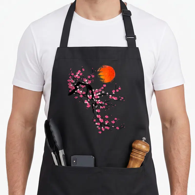 Tree cherry print apron - Black cherry blossom branch with pink flowers and orange sun circle in line art — shown on a black cotton canvas apron against a white background