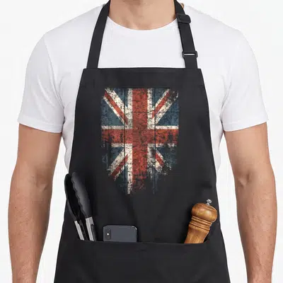 Funny flag union jack apron - Distressed red white blue Union Jack shield graphic on black fabric — shown on a black cotton canvas apron against a white background