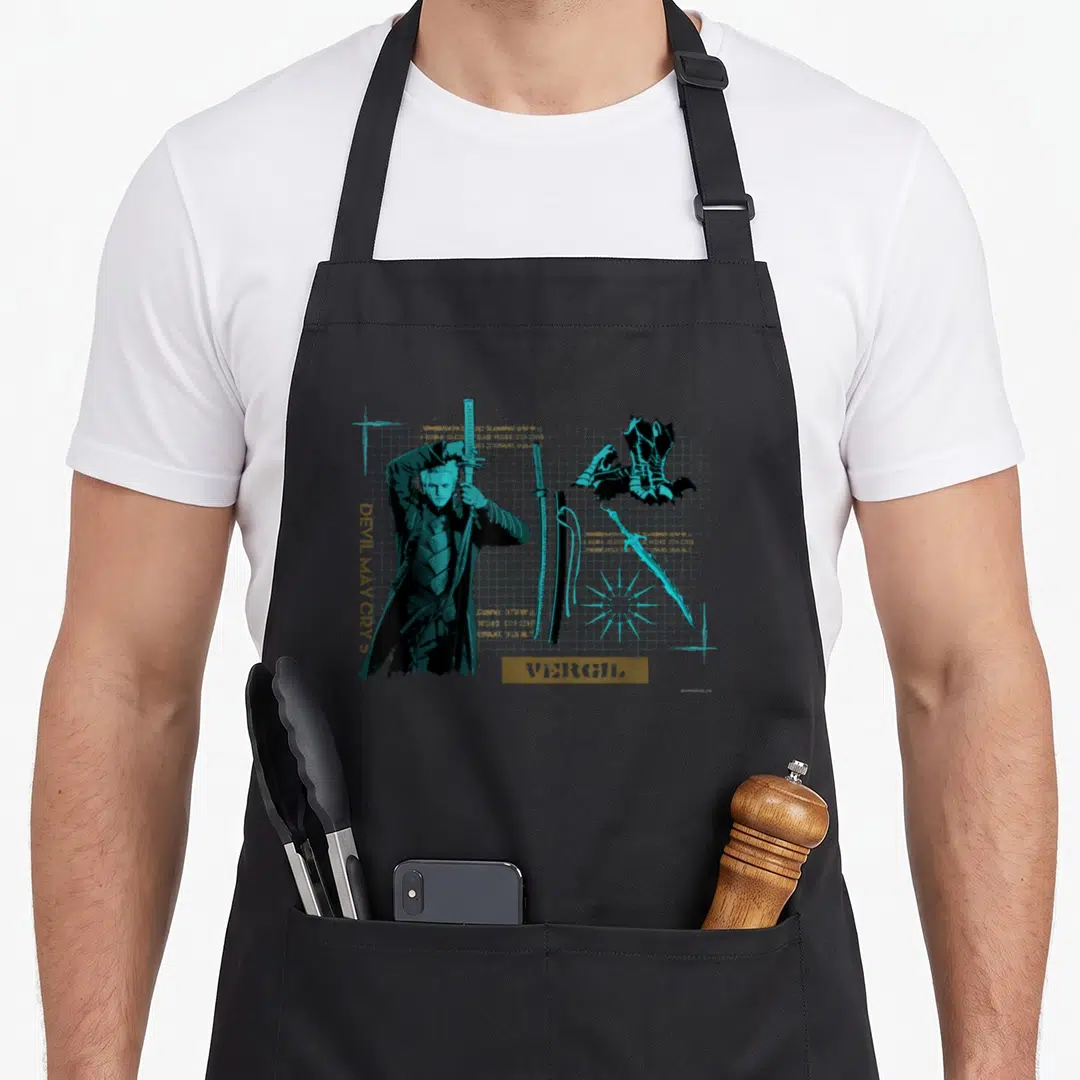 May devil's apron - Cyan and black print of Vergil holding a katana with radial symbol and text — shown on a black cotton canvas apron against a white background
