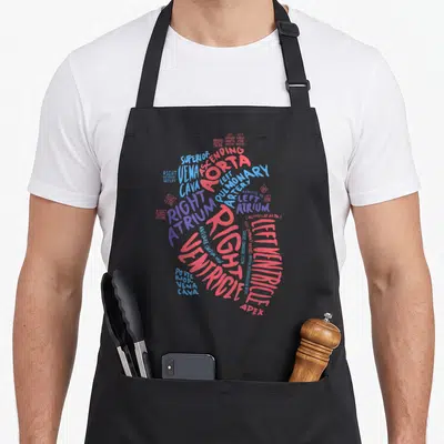 Cardiac nurse apron - Heart shape formed by red and blue anatomical terms like aorta, vena cava, and ventricle — shown on a black cotton canvas apron against a white background