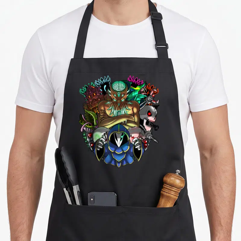Hardmode boss apron - Octopus-headed humanoid surrounded by skeleton, hooded figure, and colorful monsters in cartoon — shown on a black cotton canvas apron against a white background