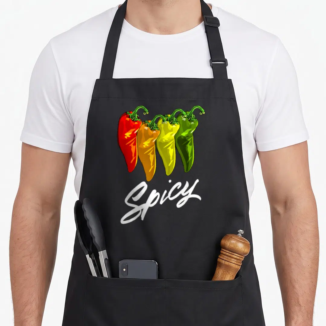 Funny chili pepper apron - Four red orange yellow and green peppers above white Spicy script — shown on a black cotton canvas apron against a white background