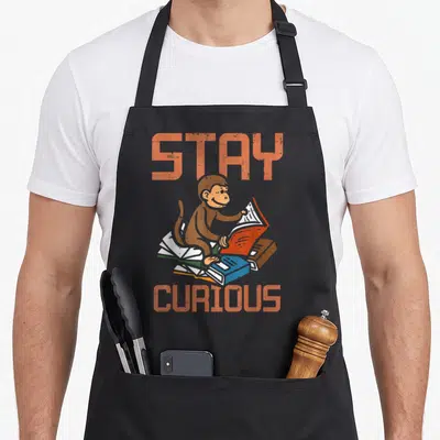 Stay librarian husband apron - Cartoon monkey reading books with orange STAY CURIOUS text and blue red brown volumes — shown on a black cotton canvas apron against a white background