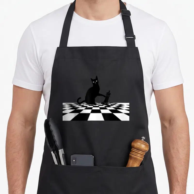 Ornery cat apron - Black cat silhouette leaning on a toppled king piece on a checkered floor — shown on a black cotton canvas apron against a white background