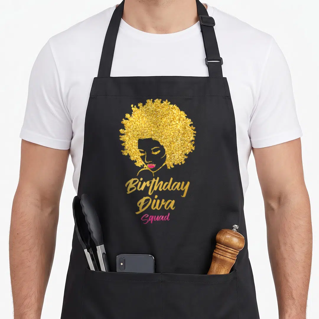 Squad queen birthday apron - Gold glitter woman silhouette with pink lips and stacked Birthday Diva Squad text — shown on a black cotton canvas apron against a white background