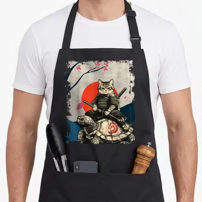Ninja japan apron - Cartoon cat in samurai armor riding a turtle with red sun and cherry blossoms — shown on a black cotton canvas apron against a white background