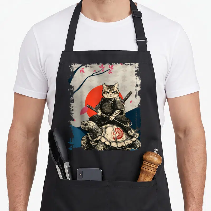 Ninja japan apron - Cartoon cat in samurai armor riding a turtle with red sun and cherry blossoms — shown on a black cotton canvas apron against a white background