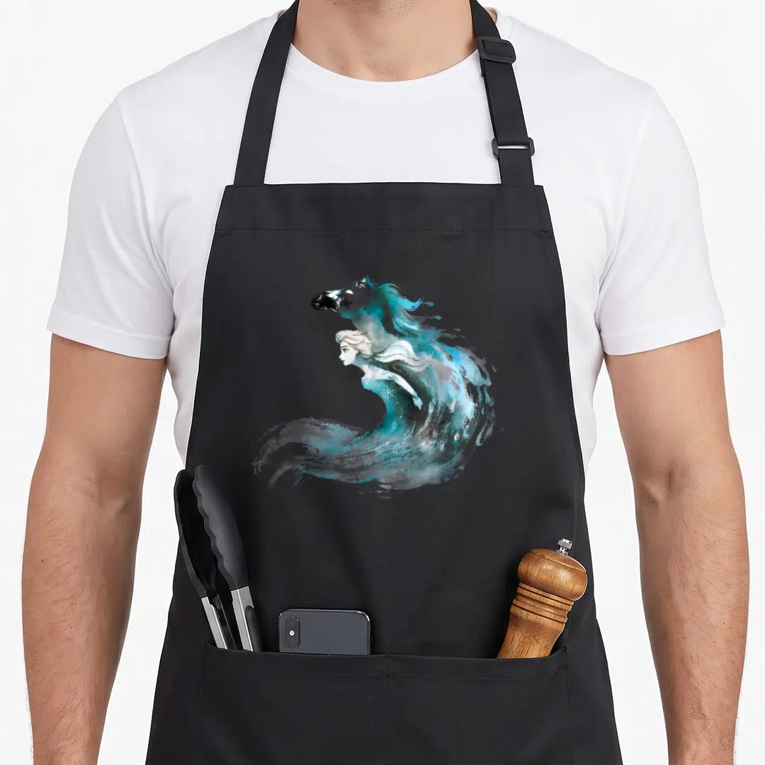 Elsa frozen apron - Watercolor woman and horse head in teal blue wave art — shown on a black cotton canvas apron against a white background