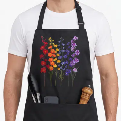 Colorful floral apron - Six vertical flower stalks in red orange yellow blue and purple rainbow gradient on black — shown on a black cotton canvas apron against a white background