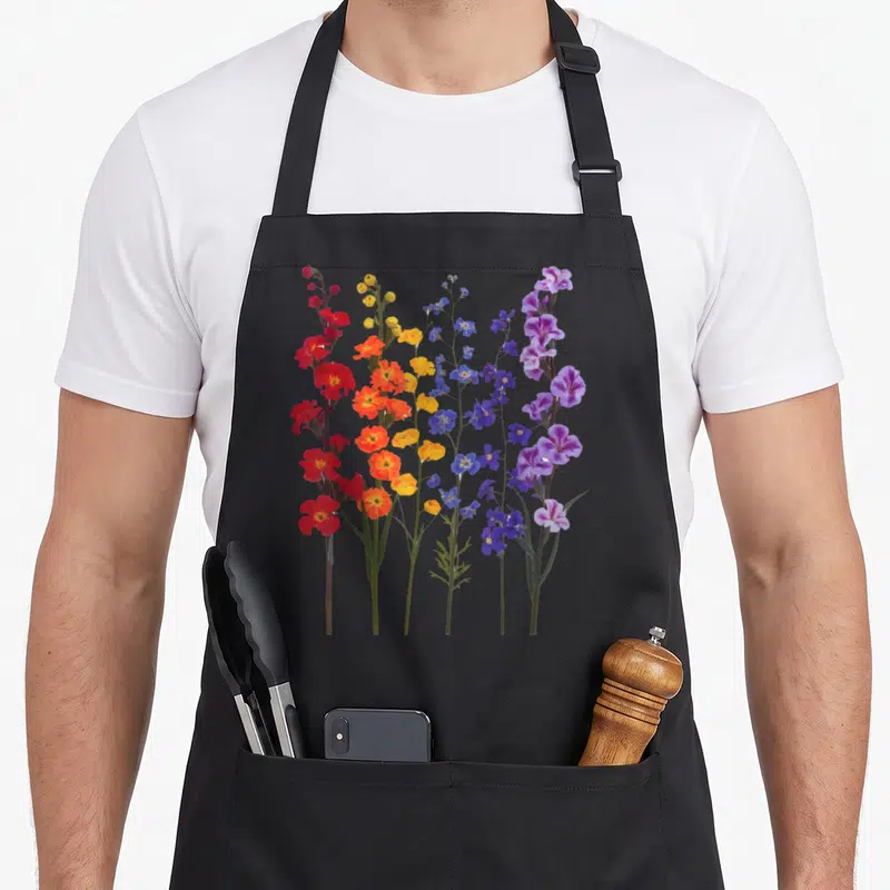 Colorful floral apron - Six vertical flower stalks in red orange yellow blue and purple rainbow gradient on black — shown on a black cotton canvas apron against a white background