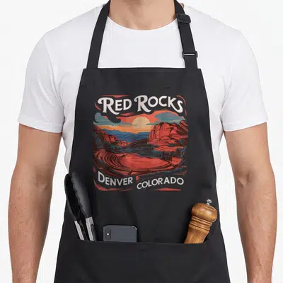 Rock denver colorado apron - Retro Red Rocks Denver Colorado sunset landscape with arched white text and red rock — shown on a black cotton canvas apron against a white background